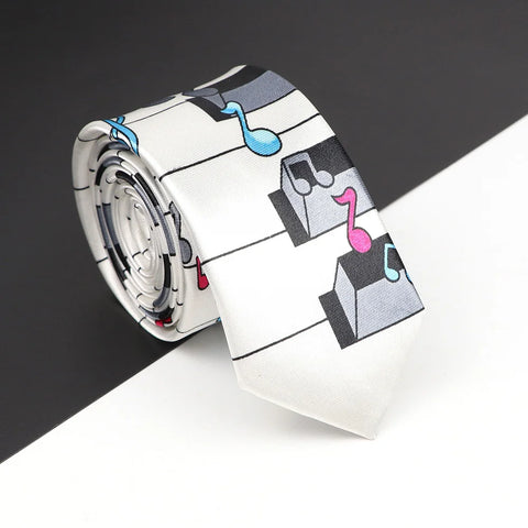 Classic Musical Notes Printed Tie Silky Narrow Neckties Slim Smooth Piano Guitar Necktie Simple Elegant Trendy Unisex Ties Gift