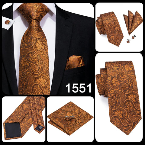Hi-Tie Designer Orange Paisley Silk Wedding Tie For Men Handky Cufflink Gift Mens Necktie Fashion Business Party Dropshiping