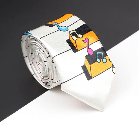 Classic Musical Notes Printed Tie Silky Narrow Neckties Slim Smooth Piano Guitar Necktie Simple Elegant Trendy Unisex Ties Gift