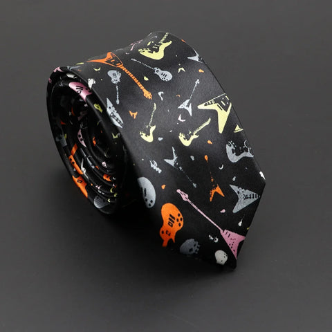 Classic Musical Notes Printed Tie Silky Narrow Neckties Slim Smooth Piano Guitar Necktie Simple Elegant Trendy Unisex Ties Gift