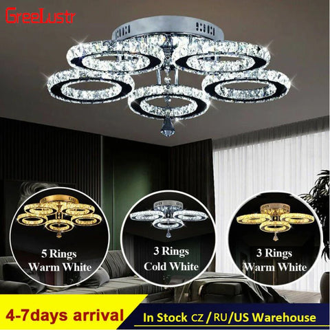 5 Rings Crystal Led Chandeliers Ceiling Mirror Stainless Steel Lustre Cristal For Kitchen Luminarias Parateto Fixtures Plafonier