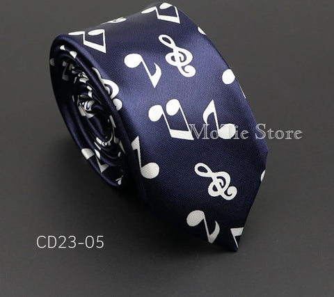 Classic Musical Notes Printed Tie Silky Narrow Neckties Slim Smooth Piano Guitar Necktie Simple Elegant Trendy Unisex Ties Gift