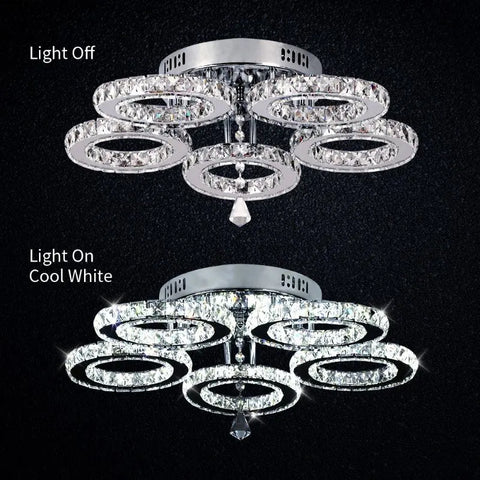 5 Rings Crystal Led Chandeliers Ceiling Mirror Stainless Steel Lustre Cristal For Kitchen Luminarias Parateto Fixtures Plafonier