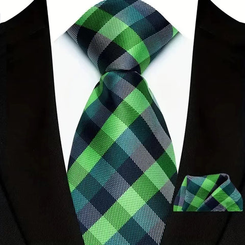 Men's Ties Dark Green Color Dot Striped Floral 8cm Jacquard Necktie Handkerchief Set Accessories Daily Wear Cravat Wedding Party