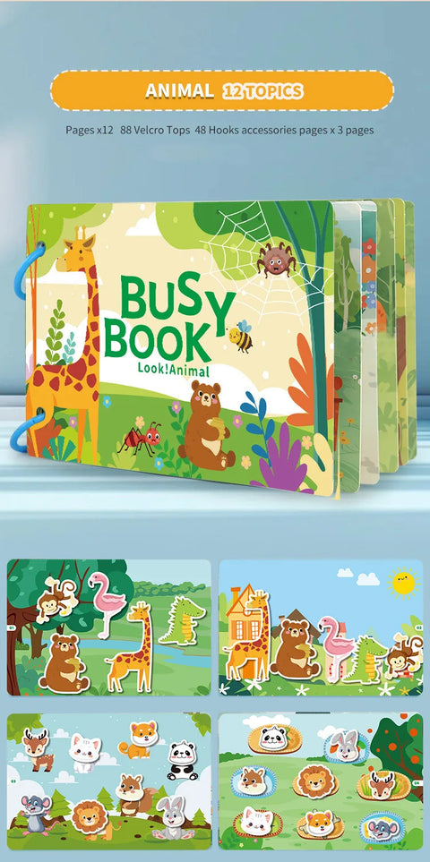 Busy Book for Toddlers Ages 2-6 Quiet Book Preschool Learning Activity Reusable Sticker & Velcro Matching Montessori Fine Mot