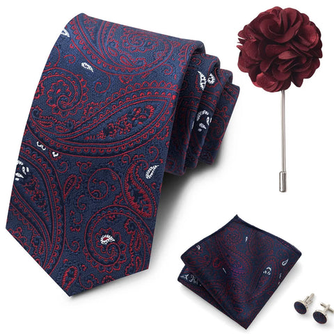 Wholesales Fashion 8 cm Tie Set Necktie Pocket Squares Cufflink Pin Set Purple Paisley Men Gravatas Fit Birthday Gift