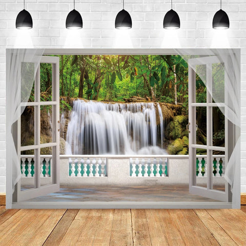 Nature Scenery Waterfall Mountain Water Backdrop Spring Landscape Window Summer Forest Jungle Background Photography Banner Prop