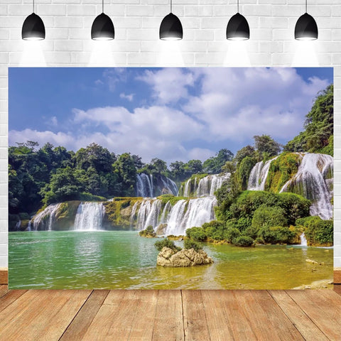 Nature Scenery Waterfall Mountain Water Backdrop Spring Landscape Window Summer Forest Jungle Background Photography Banner Prop