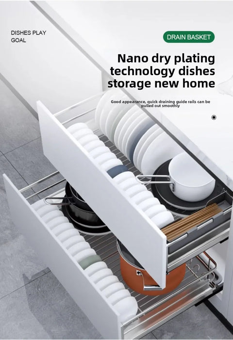 Cabinet Dish Basket 6A Carbon Steel Kitchen Drawer Type Double Layer Dish Basket Storage Bowl Rack With Drain Tray