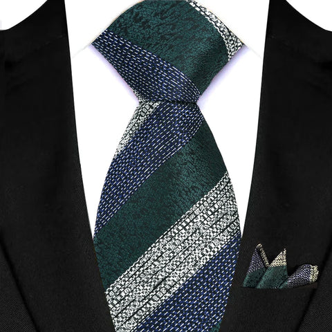 Men's Ties Dark Green Color Dot Striped Floral 8cm Jacquard Necktie Handkerchief Set Accessories Daily Wear Cravat Wedding Party