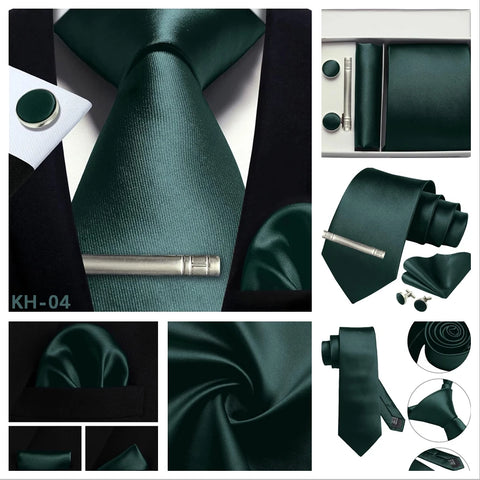 Mens Silk Tie 8cm Solid Red Blue Necktie Handkerchief Cufflinks Gift box set Formal Ties For Man Workplace Business Wedding Gift