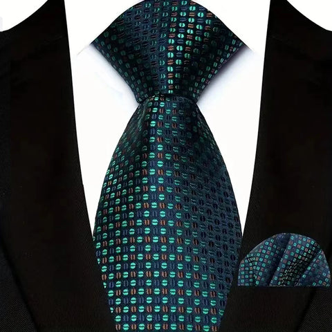 Men's Ties Dark Green Color Dot Striped Floral 8cm Jacquard Necktie Handkerchief Set Accessories Daily Wear Cravat Wedding Party