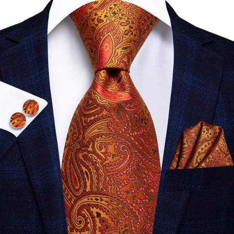 Hi-Tie Designer Orange Paisley Silk Wedding Tie For Men Handky Cufflink Gift Mens Necktie Fashion Business Party Dropshiping
