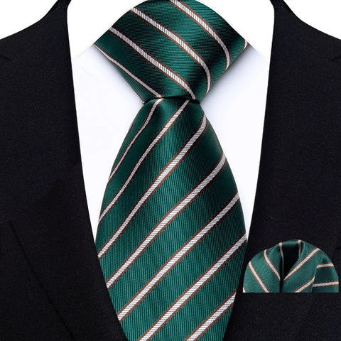 Men's Ties Dark Green Color Dot Striped Floral 8cm Jacquard Necktie Handkerchief Set Accessories Daily Wear Cravat Wedding Party
