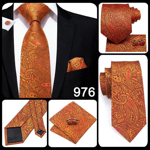 Hi-Tie Designer Orange Paisley Silk Wedding Tie For Men Handky Cufflink Gift Mens Necktie Fashion Business Party Dropshiping