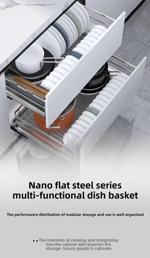 Cabinet Dish Basket 6A Carbon Steel Kitchen Drawer Type Double Layer Dish Basket Storage Bowl Rack With Drain Tray