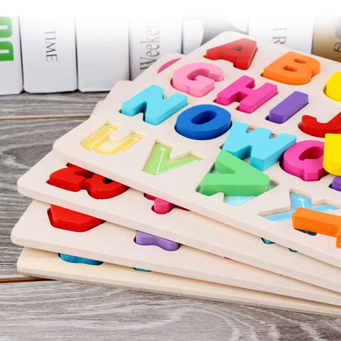 Toddlers Wooden Puzzle Montessori Baby Toys ABC Alphabet Number Shape Matching Board Game Preschool Educational Toy for Kids 2-4