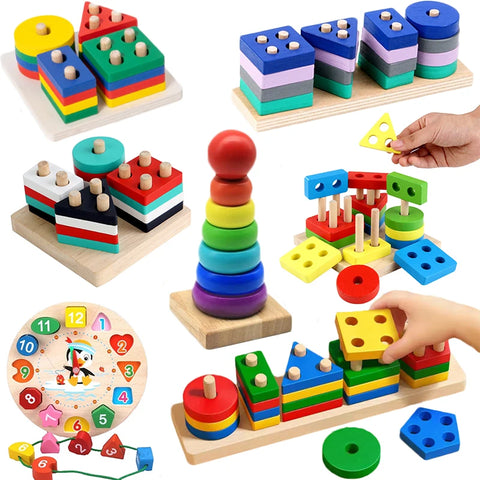 Montessori Wooden Block Toys Children Geometric Shape Color Sorter Block Puzzles Toddler Sorting Math Bricks Stacking Toys