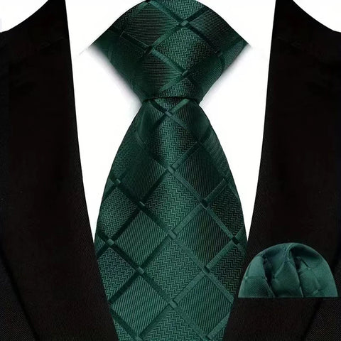 Men's Ties Dark Green Color Dot Striped Floral 8cm Jacquard Necktie Handkerchief Set Accessories Daily Wear Cravat Wedding Party