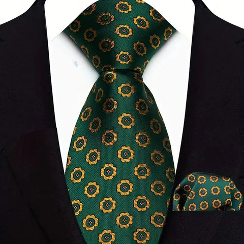 Men's Ties Dark Green Color Dot Striped Floral 8cm Jacquard Necktie Handkerchief Set Accessories Daily Wear Cravat Wedding Party