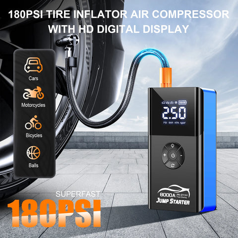 8000a Amp 180Psi Car Emergency Multifunction 12v Battery Booster Tire Inflator Super Compressor Jump Starter Power Bank Air Pump