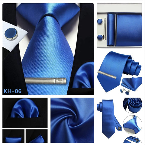 Mens Silk Tie 8cm Solid Red Blue Necktie Handkerchief Cufflinks Gift box set Formal Ties For Man Workplace Business Wedding Gift