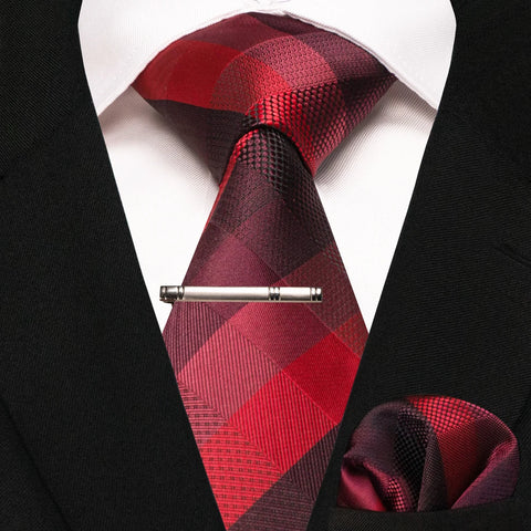 JEMYGINS New Fashion Black Plaid Men's Tie 8cm Silk Business Necktie Handkerchief Tie clips set Wedding Party Tie Gift For Men