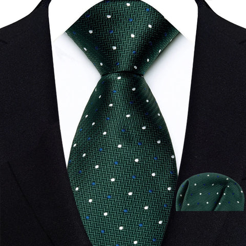 Men's Ties Dark Green Color Dot Striped Floral 8cm Jacquard Necktie Handkerchief Set Accessories Daily Wear Cravat Wedding Party