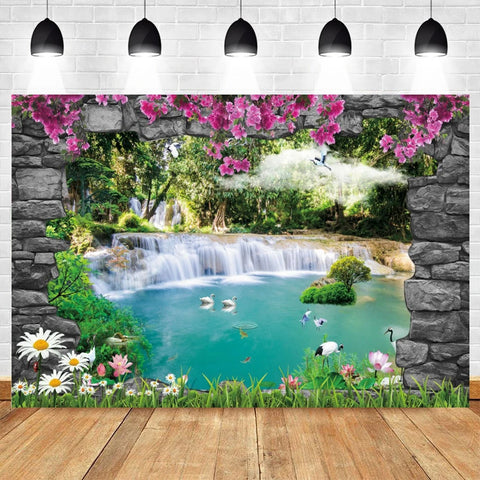 Nature Scenery Waterfall Mountain Water Backdrop Spring Landscape Window Summer Forest Jungle Background Photography Banner Prop