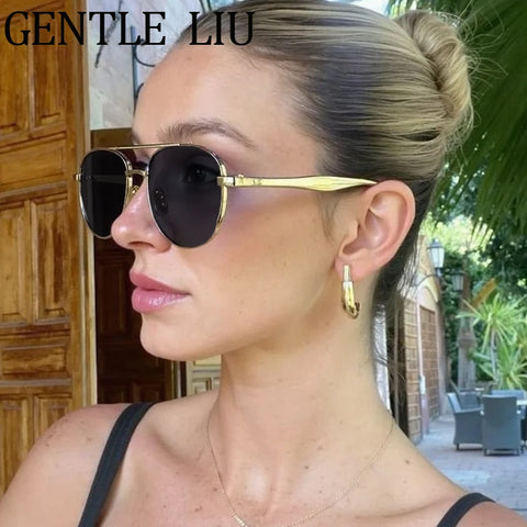Steampunk Oval Pilot Sunglasses Women 2025 Luxury Brand Vintage Double Beam Metal Frame Sun Glasses Outdoor UV400 Eyewear Shades