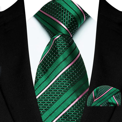 Men's Ties Dark Green Color Dot Striped Floral 8cm Jacquard Necktie Handkerchief Set Accessories Daily Wear Cravat Wedding Party