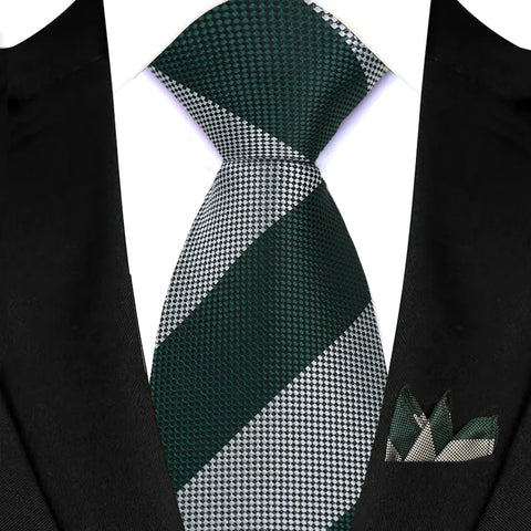 Men's Ties Dark Green Color Dot Striped Floral 8cm Jacquard Necktie Handkerchief Set Accessories Daily Wear Cravat Wedding Party