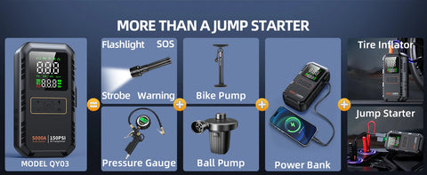 4-IN-1 Car Jump Starter with Air Compressor Peak 5000A Auto Battery Booster 150PSI Air Pump Portable Power Bank Tire Inflator