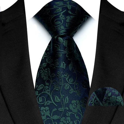 Men's Ties Dark Green Color Dot Striped Floral 8cm Jacquard Necktie Handkerchief Set Accessories Daily Wear Cravat Wedding Party