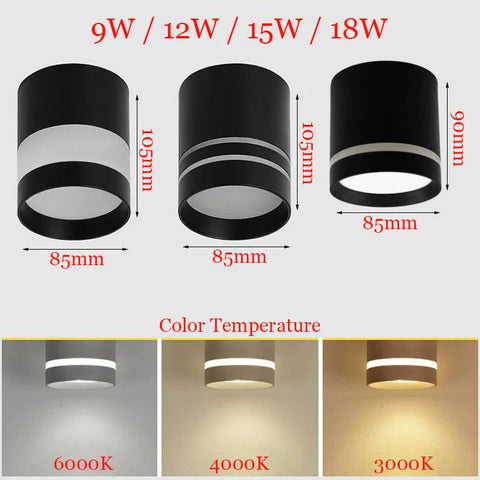 Cylinder Dimmable LED Downlights 9W 12W 15W 18W Ceiling Spotlights AC85~265V Surface Mounted Home Lighting Kitchen Corridor Shop