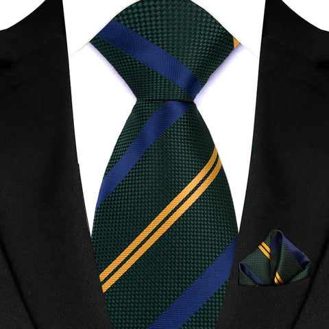 Men's Ties Dark Green Color Dot Striped Floral 8cm Jacquard Necktie Handkerchief Set Accessories Daily Wear Cravat Wedding Party