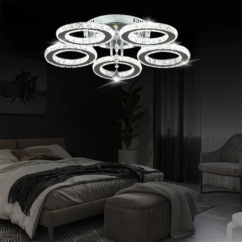 5 Rings Crystal Led Chandeliers Ceiling Mirror Stainless Steel Lustre Cristal For Kitchen Luminarias Parateto Fixtures Plafonier
