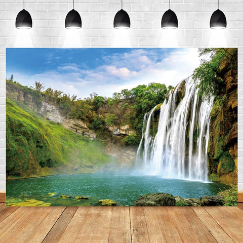 Nature Scenery Waterfall Mountain Water Backdrop Spring Landscape Window Summer Forest Jungle Background Photography Banner Prop