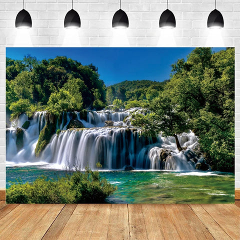 Nature Scenery Waterfall Mountain Water Backdrop Spring Landscape Window Summer Forest Jungle Background Photography Banner Prop