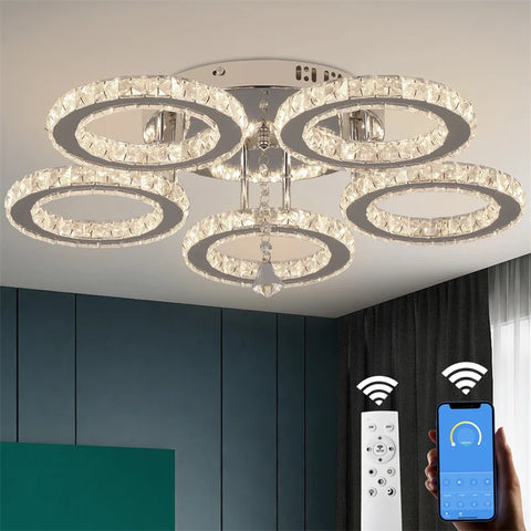 5 Rings Crystal Led Chandeliers Ceiling Mirror Stainless Steel Lustre Cristal For Kitchen Luminarias Parateto Fixtures Plafonier
