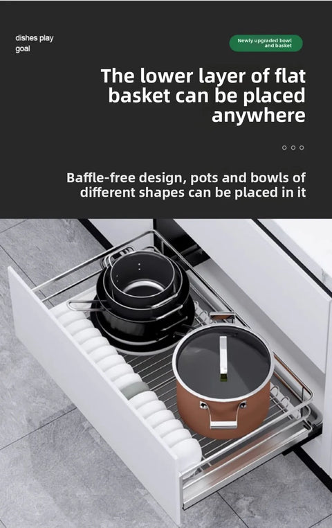 Cabinet Dish Basket 6A Carbon Steel Kitchen Drawer Type Double Layer Dish Basket Storage Bowl Rack With Drain Tray