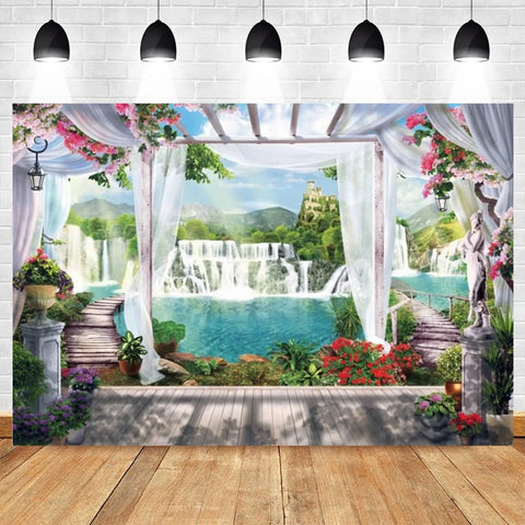 Nature Scenery Waterfall Mountain Water Backdrop Spring Landscape Window Summer Forest Jungle Background Photography Banner Prop