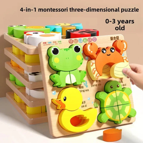 Montessori Cartoon 3D Wooden Puzzle Animal Traffic Jigsaw Toys for Kids Early Learning Educational Cognitive Game Children Gifts