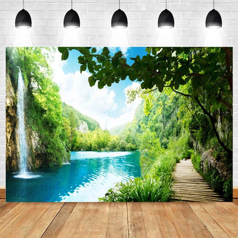 Nature Scenery Waterfall Mountain Water Backdrop Spring Landscape Window Summer Forest Jungle Background Photography Banner Prop
