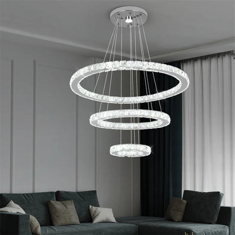 Modern Crystal Rings Led Chandelier Indoor Luxury Ceiling Lamp Dimming And Remote Control Pendan Lighting Chrome Lustre Fixtures