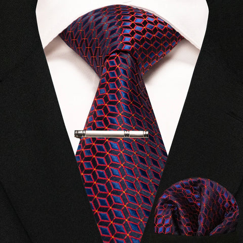 JEMYGINS New Fashion Black Plaid Men's Tie 8cm Silk Business Necktie Handkerchief Tie clips set Wedding Party Tie Gift For Men