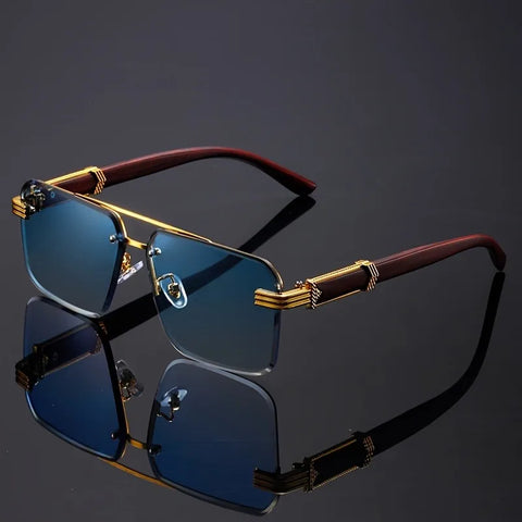 Trend Double Beam Rectangle Sunglasses Men Women Rimless Cut Edge Square Sun Glasses Fashion Frameless Wood Grain Shades UV400