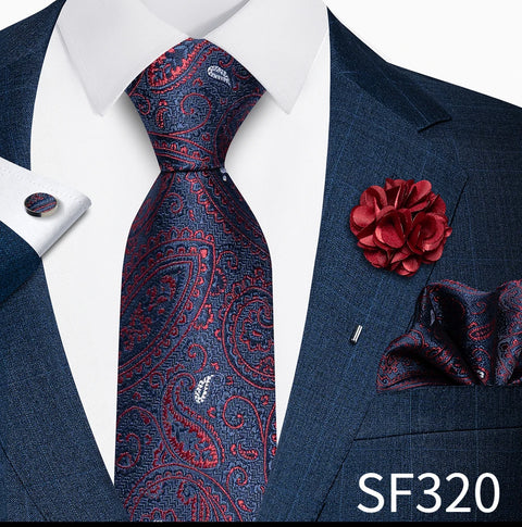 Wholesales Fashion 8 cm Tie Set Necktie Pocket Squares Cufflink Pin Set Purple Paisley Men Gravatas Fit Birthday Gift