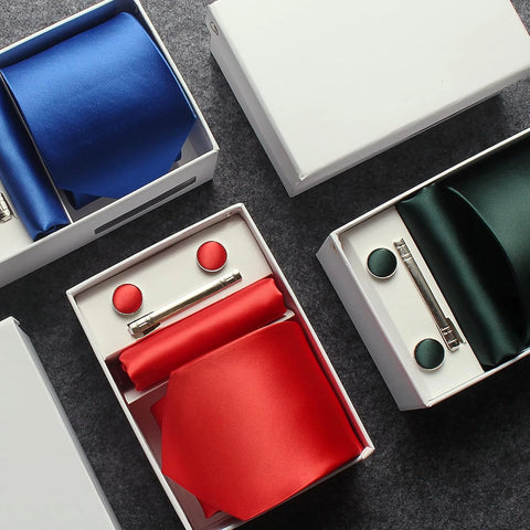 Mens Silk Tie 8cm Solid Red Blue Necktie Handkerchief Cufflinks Gift box set Formal Ties For Man Workplace Business Wedding Gift