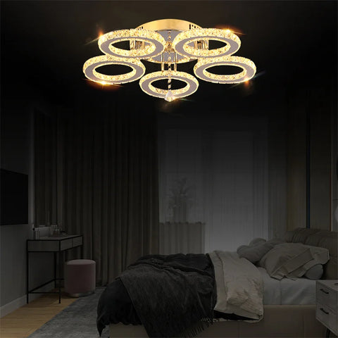 5 Rings Crystal Led Chandeliers Ceiling Mirror Stainless Steel Lustre Cristal For Kitchen Luminarias Parateto Fixtures Plafonier